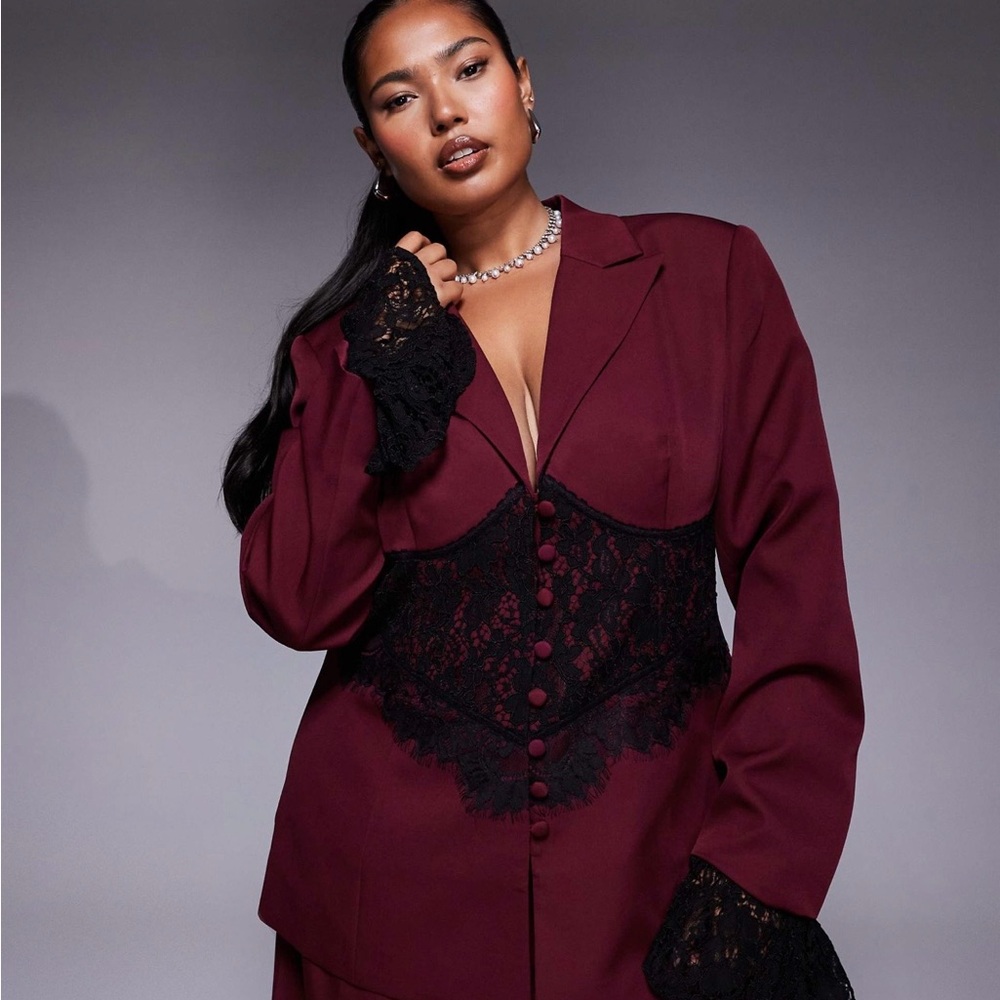 ASOS Curve Burgundy Blazer with Black Lace Detail
